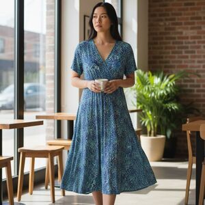 LL Bean Midi Dress Womens XL Blue Floral Cottage V-Neck Short Sleeve Stretch